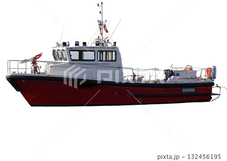 Red and white fireboat floating on white background Red and white fireboat floating on white background 132456195