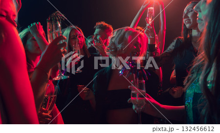 New Year party with smiling friends holding champagne glasses under warm lights New Year party with smiling friends holding champagne glasses under warm lights 132456612