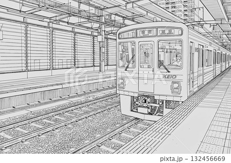 京王線　水彩画　ペン画　新宿行き　府中駅　府中駅ホーム　各駅停車 132456669
