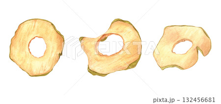 Dried apple chips set watercolor illustration on isolated background. Top view. Healthy natural organic fruit round slices clip art. Ingredient for culinary, desserts, Xmas and New Year drink decor 132456681