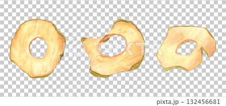Dried apple chips set watercolor illustration on isolated background. Top view. Healthy natural organic fruit round slices clip art. Ingredient for culinary, desserts, Xmas and New Year drink decor 132456681