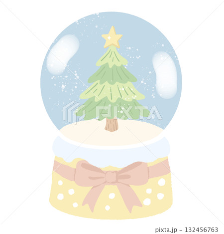 Pastel Christmas Tree Snow Globe Illustration Kawaii Coquette Holiday Clipart Green Tree with Star and Bow Cute Winter Decor Art for Christmas Cards and Invitations 132456763