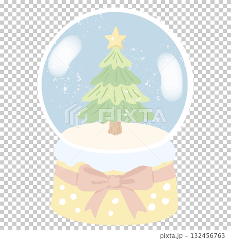 Pastel Christmas Tree Snow Globe Illustration Kawaii Coquette Holiday Clipart Green Tree with Star and Bow Cute Winter Decor Art for Christmas Cards and Invitations 132456763