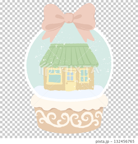 Pastel Cottage Snow Globe Illustration Kawaii Coquette Christmas Clipart Green Roof Yellow House Cozy Winter Scene Cute Holiday Art for Cards and Decorations 132456765