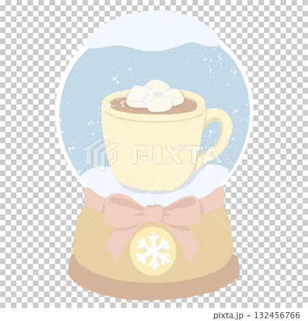Pastel Hot Cocoa Snow Globe Illustration Kawaii Coquette Christmas Winter Clipart Cream Mug with Marshmallows and Pink Bow Holiday Art for Cards and Invitations 132456766