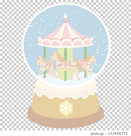 Pastel Carousel Snow Globe Illustration Kawaii Christmas Winter Clipart Vintage Coquette Pink Beige Hand Drawn Snow Globe with Horses for Holiday Cards Invitations and Decor 132456772