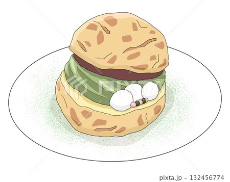 お皿にのった抹茶シュークリームのイラスト(抹茶スイーツ9) お皿にのった抹茶シュークリームのイラスト(抹茶スイーツ9) 132456774