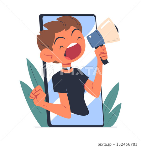 Man with Megaphone Look Out from Smartphone Screen Vector Illustration 132456783