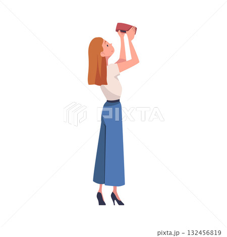 Woman with Empty Pockets Sad in Standing Pose Vector Illustration 132456819
