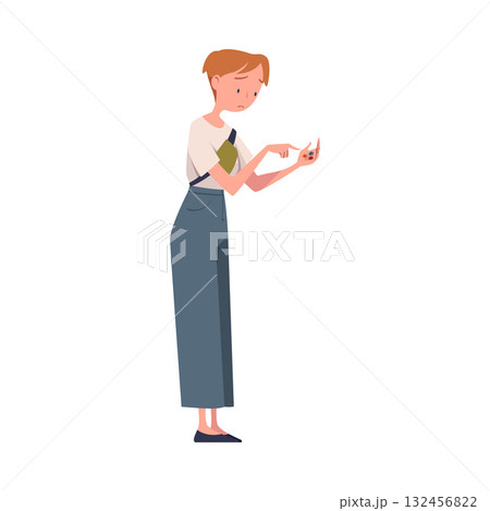 Woman with Empty Pockets Counting Coins Vector Illustration 132456822