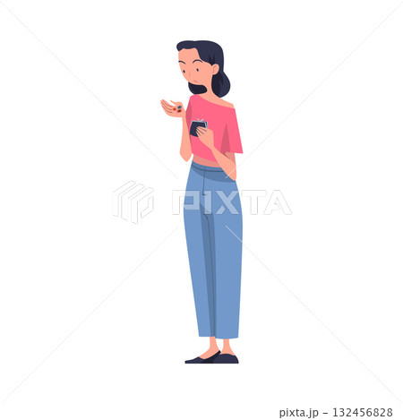 Woman with Empty Pockets Counting Coins Vector Illustration 132456828