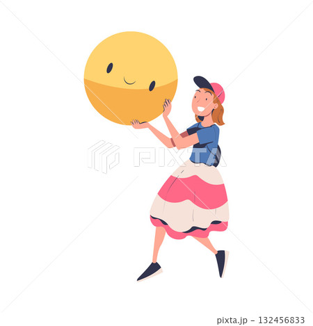 Woman Character Holding Big Smile Badge Vector Illustration 132456833