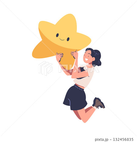 Woman Character Holding Big Yellow Star Badge Vector Illustration 132456835