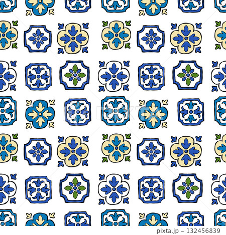 Tile pattern with Mediterranean ceramic design seamless Italian and Portuguese majolica in traditional floral style 132456839