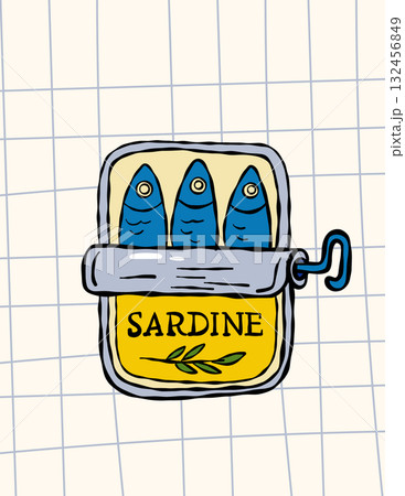 Sardines in tin can whimsical poster sketch seafood illustration with retro kitchen style and graphic design 132456849