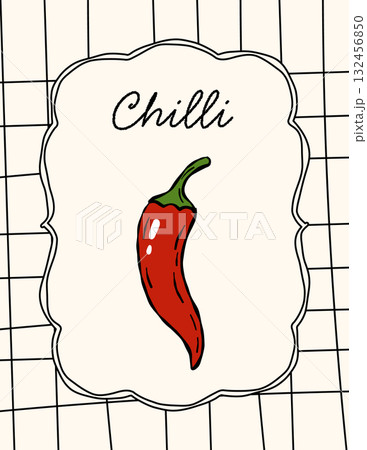 Chili pepper whimsical kitchen poster in sketch style retro food art with text and Mediterranean theme 132456850