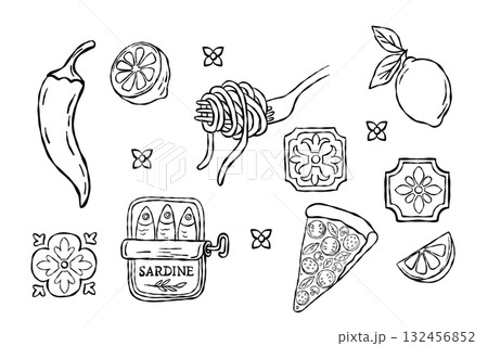 Whimsical black line art set of Italian food pasta, pizza, lemon, sardines, chili and ceramic tiles 132456852