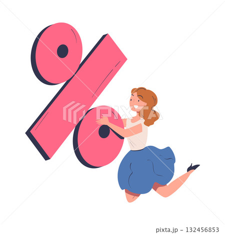Woman Character Holding Big Percentage Badge Vector Illustration 132456853