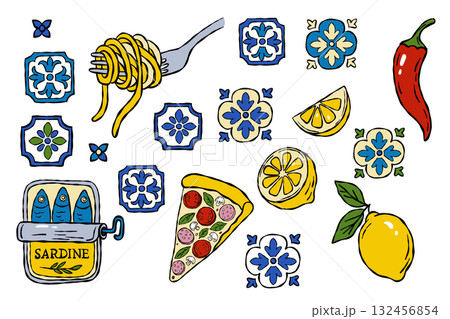 Italian food and ceramic sketch set pasta, lemon, sardines, pizza, chili and decorative tiles 132456854
