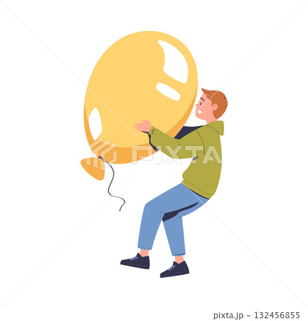 Man Character Holding Big Yellow Balloon Badge Vector Illustration 132456855