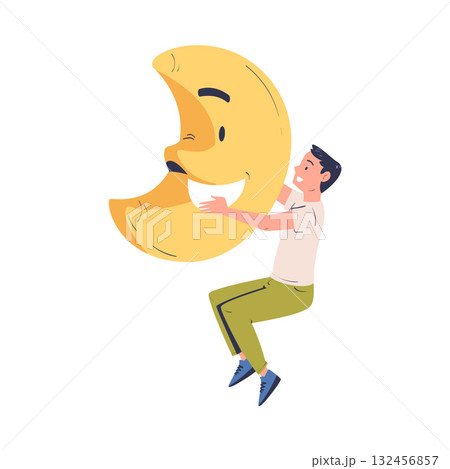 Man Character Holding Big Crescent Badge Vector Illustration 132456857