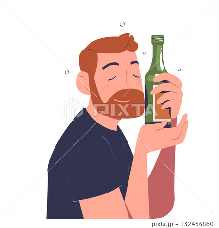 Bearded Man with Alcohol Drink and Beverage in Bottle Vector Illustration 132456860