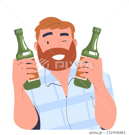 Bearded Man with Alcohol Drink and Beverage in Bottle Vector Illustration Bearded Man with Alcohol Drink and Beverage in Bottle Vector Illustration 132456861