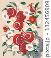 Vector Illustration of a Flowering and Fruiting Pomegranate Tree in Traditional Korean Minhwa Style 132456909
