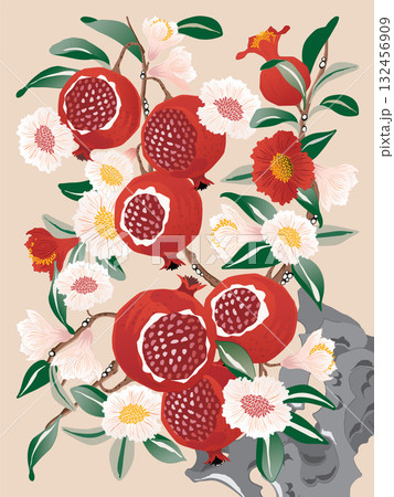Vector Illustration of a Flowering and Fruiting Pomegranate Tree in Traditional Korean Minhwa Style Vector Illustration of a Flowering and Fruiting Pomegranate Tree in Traditional Korean Minhwa Style 132456909