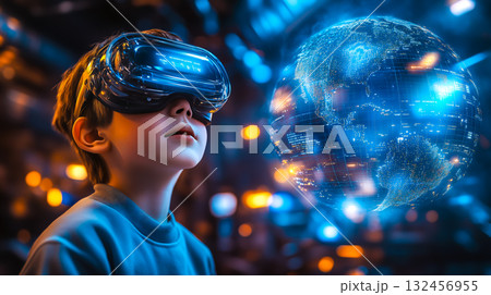 A boy wearing VR glasses interacts with a holographic globe. Generative Ai. 132456955