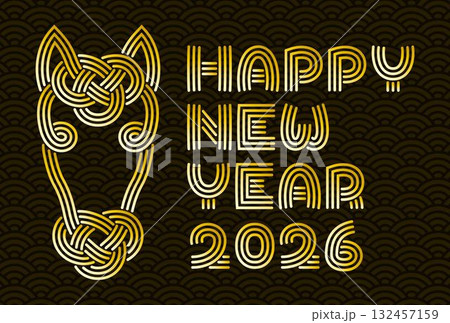 馬の水引きの年賀状,2026年・午年,あけましておめでとう,金色のデザイン 馬の水引きの年賀状,2026年・午年,あけましておめでとう,金色のデザイン 132457159