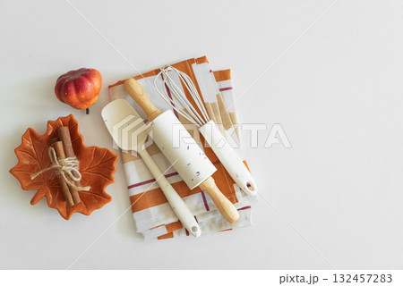 Autumn Kitchen Flat Lay with Baking Tools and Seasonal Decor 132457283