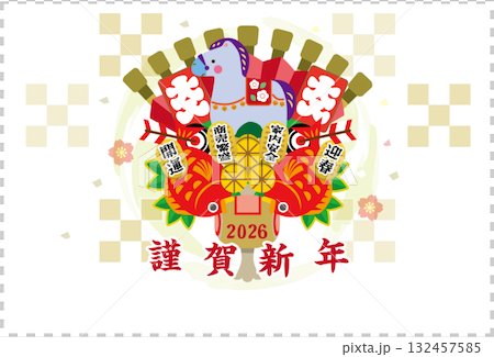 New Year's card illustration with a horizontal rake motif (New Year's decoration, good fortune, Japanese style design) 132457585