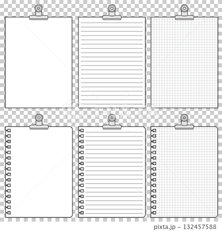Illustration of a college notebook held in place with an eyeball clip (plain, lined, squared, rounded corners, loose-leaf style - 6 types in total) 132457588