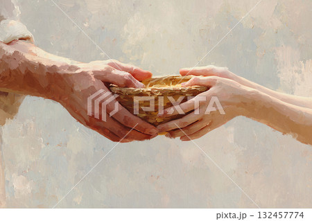 あたたかなタッチの籠を渡す手と受け取る手 132457774