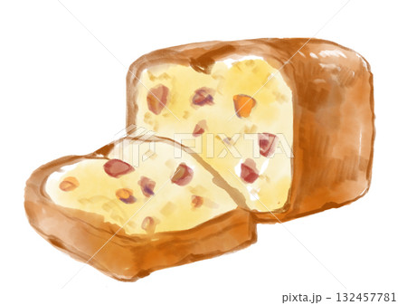 焼きたてで美味しそうなフルーツ入りのパウンドケーキの手描き水彩イラスト 132457781
