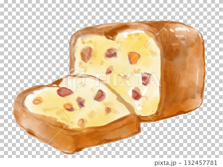 焼きたてで美味しそうなフルーツ入りのパウンドケーキの手描き水彩イラスト 132457781
