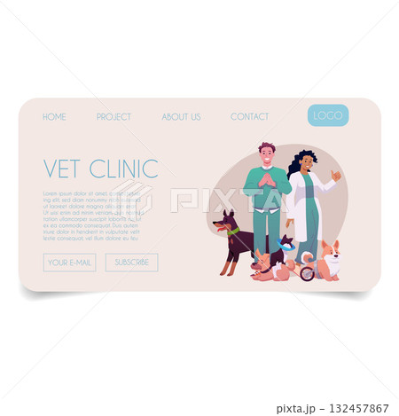 Veterinary clinic website page with doctors and sick animals. Veterinary clinic website page with doctors and sick animals. 132457867