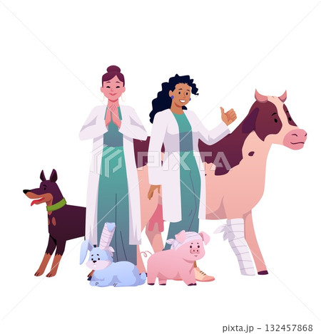 Veterinarian doctors with sick animals, vector wounded rabbit, dog, cow, pig and rabbit with bandage, Vet clinic Veterinarian doctors with sick animals, vector wounded rabbit, dog, cow, pig and rabbit with bandage, Vet clinic 132457868