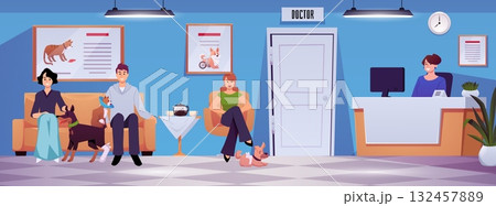 Vet clinic vector illustration, cartoon sick dogs and cats with the owners waiting for a veterinary doctor consultation Vet clinic vector illustration, cartoon sick dogs and cats with the owners waiting for a veterinary doctor consultation 132457889