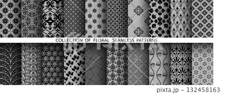 Geometric floral set of seamless patterns. Gray and black vector backgrounds. Damask graphic ornaments 132458163