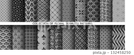 Geometric floral set of seamless patterns. Gray and black vector backgrounds. Damask graphic ornaments 132458250