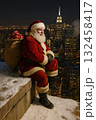 Santa sitting on snowy rooftop overlooking city skyline 132458417