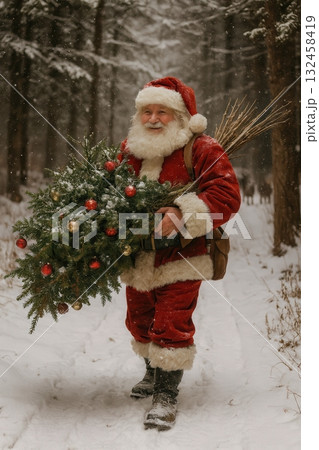 Santa carrying christmas tree through snowy forest 132458419