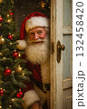 Santa peeking through door beside christmas tree 132458420
