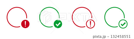 Red and green circular progress icons with check and exclamation marks 132458551