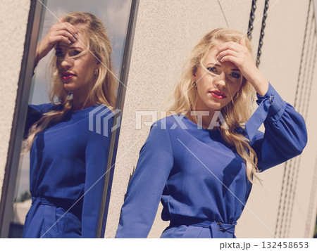 Fashion model wearing blue navy shirt Fashion model wearing blue navy shirt 132458653