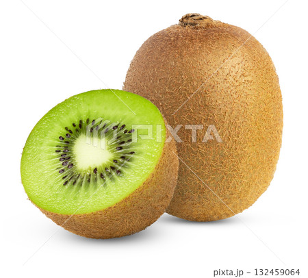 Whole kiwi fruit and its sliced segments isolated. Kiwi and cut in a half isolated. Whole kiwi fruit and its sliced segments isolated. Kiwi and cut in a half isolated. 132459064