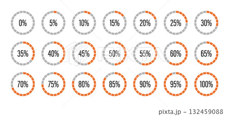 Progress bars. Template of orange and gray color fill pie charts indicator. Round graph loading progress set. Circle diagrams icons for infographics from 0 to 100 percent. Round percentage Progress bars. Template of orange and gray color fill pie charts indicator. Round graph loading progress set. Circle diagrams icons for infographics from 0 to 100 percent. Round percentage 132459088
