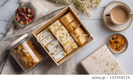 Flat lay of traditional Indian sweets with dry flowers and a cup of tea arranged on soft fabric. The image represents Diwali celebration, hospitality, and cultural elegance Flat lay of traditional Indian sweets with dry flowers and a cup of tea arranged on soft fabric. The image represents Diwali celebration, hospitality, and cultural elegance 132459119